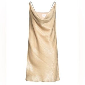 Merci Itália Gold Satin Mini Party Dress with adjustable Pearl Straps NWT